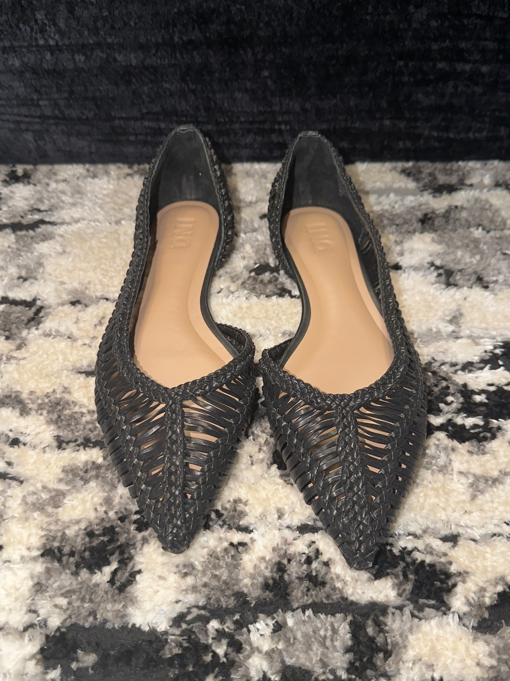 INC International Concepts Black Woven Pointed-Toe Flats/NWOB